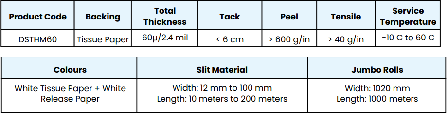 Double Side Tissue Tape Hot Melt  - Technical Specifications