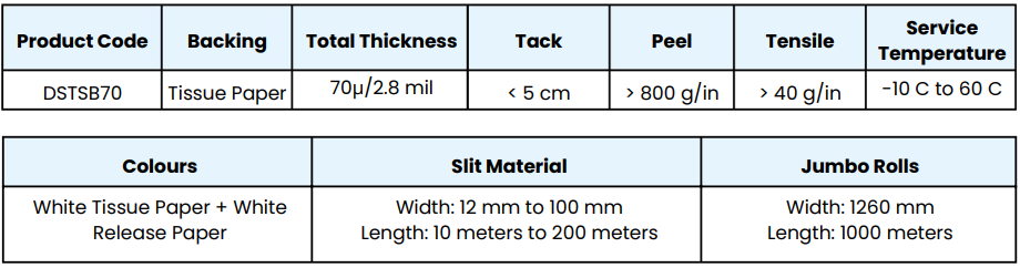 Double Side Tissue Tape Rubber Solvent Based - Technical Specifications