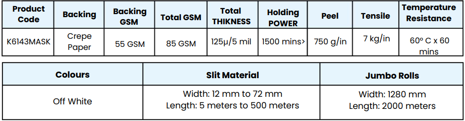 General Purpose Masking Tape K6143 - Technical Specifications