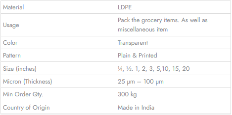 LD Kirana Bags / Grocery Bags  - Technical Specifications
