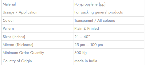 PP BAGS (V-PACK BRAND) - Technical Specifications
