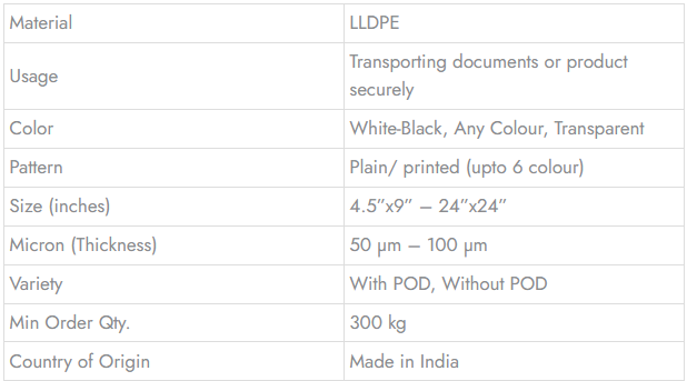 Courier Bag / Mailers / Ecommerce - Technical Specifications