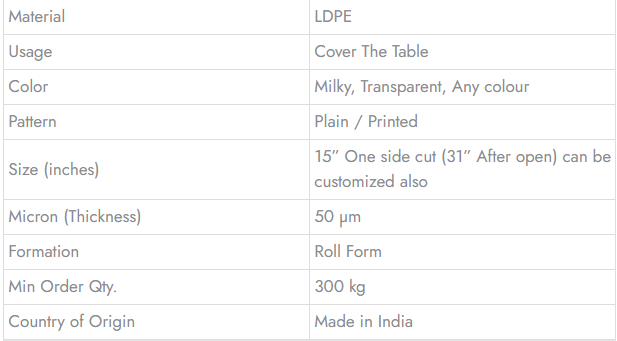 Catering Table Rolls - Technical Specifications